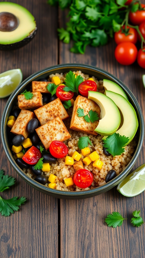 Spicy Mexican Tofu Quinoa Bowl A vibrant Mexican tofu quinoa bowl with quinoa, tofu, black beans, corn, tomatoes, and avocado on a wooden table.